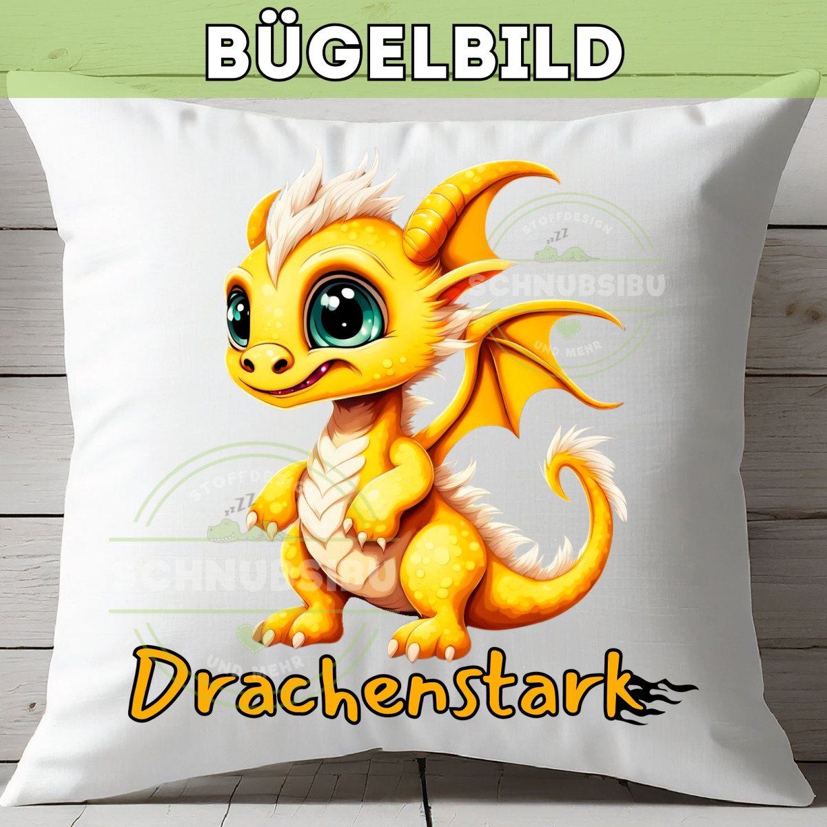 Bügelbild Drachenstark gelb